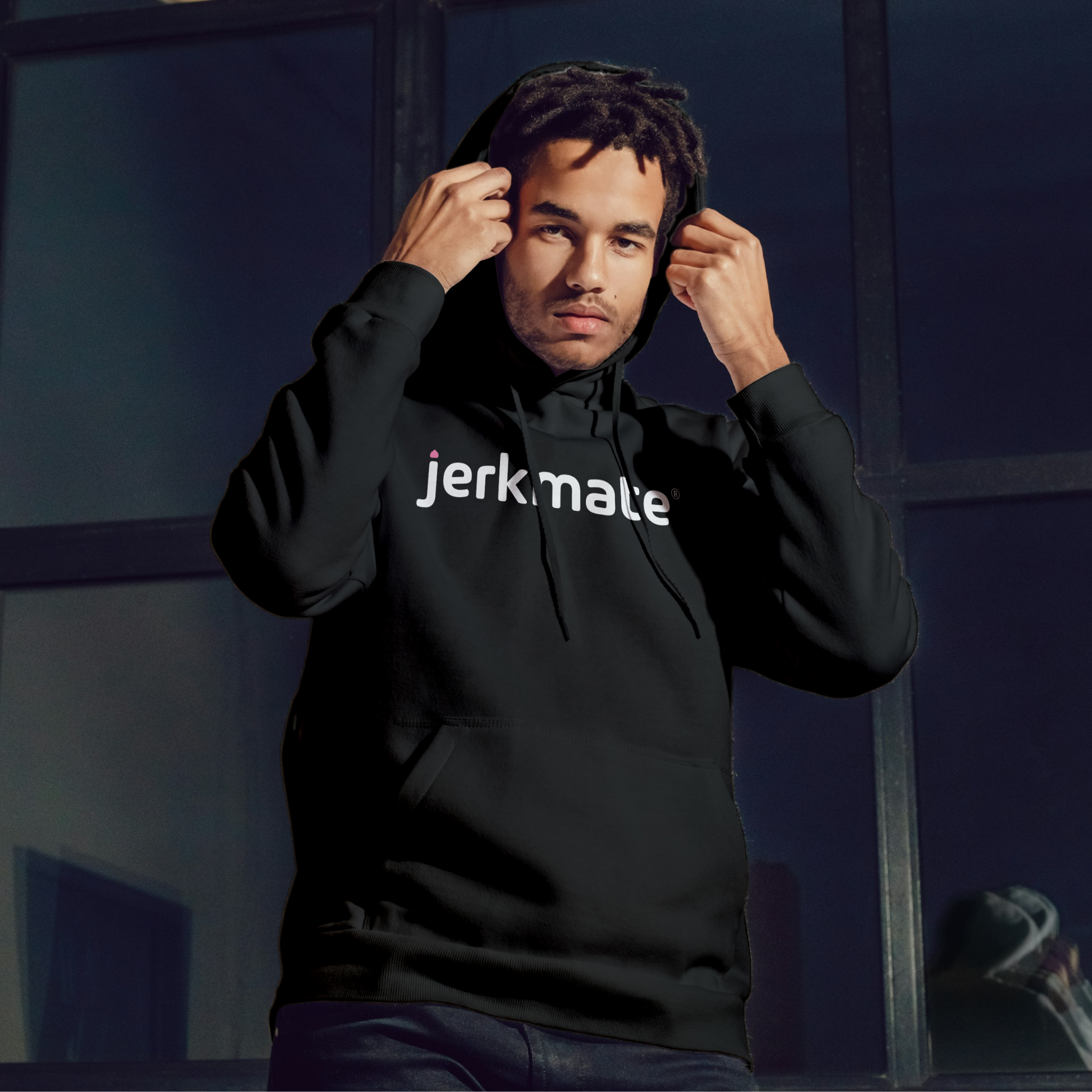 Jerkmate basic black hoodie men mockup